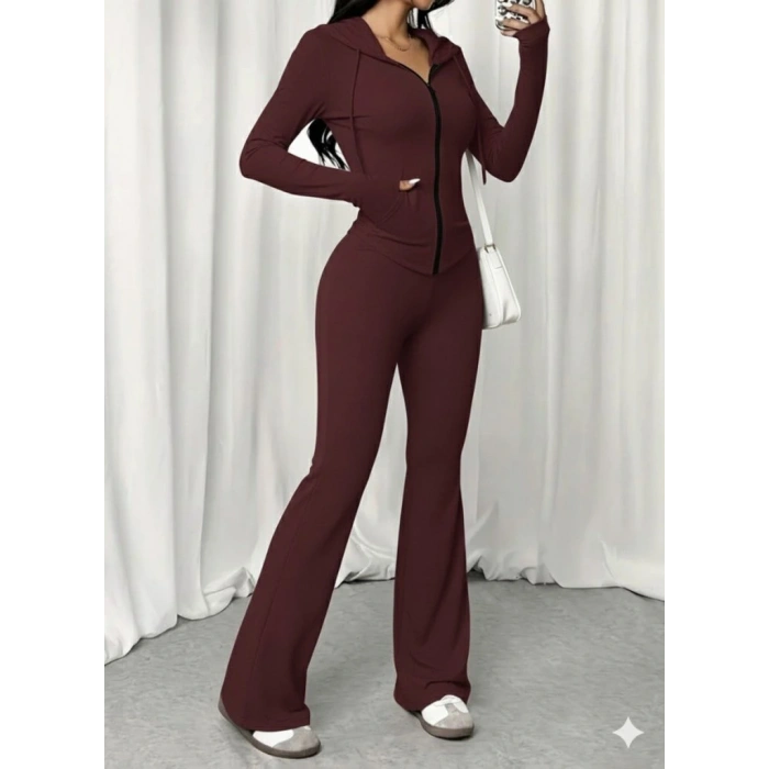 Kadın Uzun Kollu Kapşonlu Bağcıklı önü Fermuarlı Viskon Iki Iplik Bluz Ve Pantolon Ikili Takım