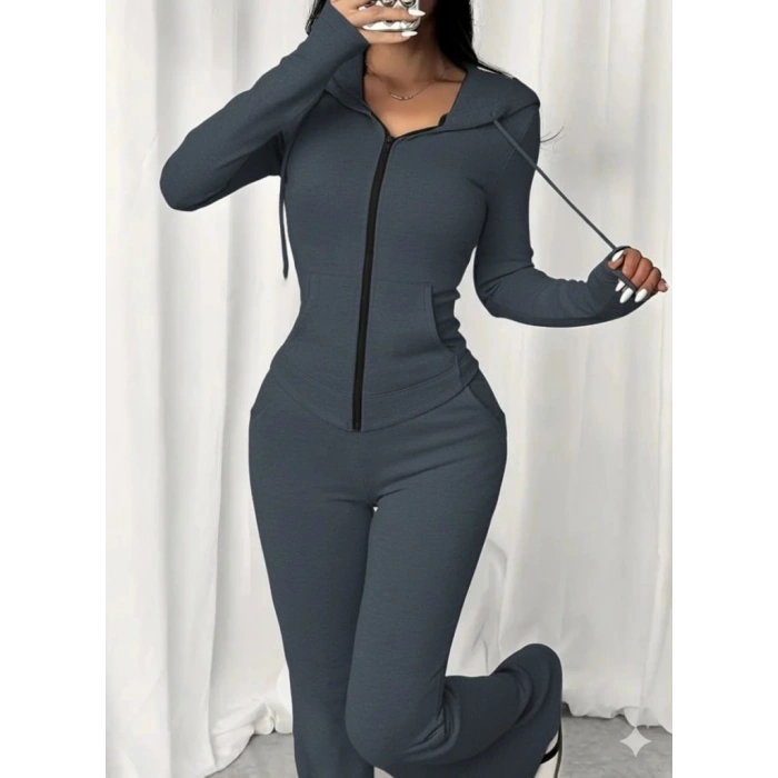 Kadın Uzun Kollu Kapşonlu Bağcıklı önü Fermuarlı Viskon Iki Iplik Bluz Ve Pantolon Ikili Takım