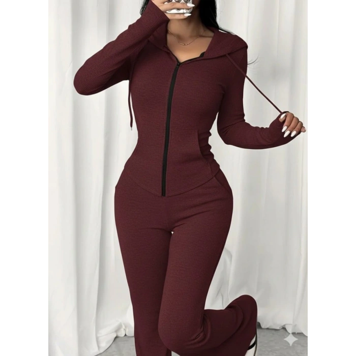 Kadın Uzun Kollu Kapşonlu Bağcıklı önü Fermuarlı Viskon Iki Iplik Bluz Ve Pantolon Ikili Takım