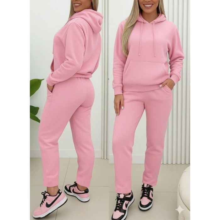 Kadın Uzun Kollu Kapşonlu Bağcıklı üç Iplik Bluz Ve Pantolon Ikili Takım