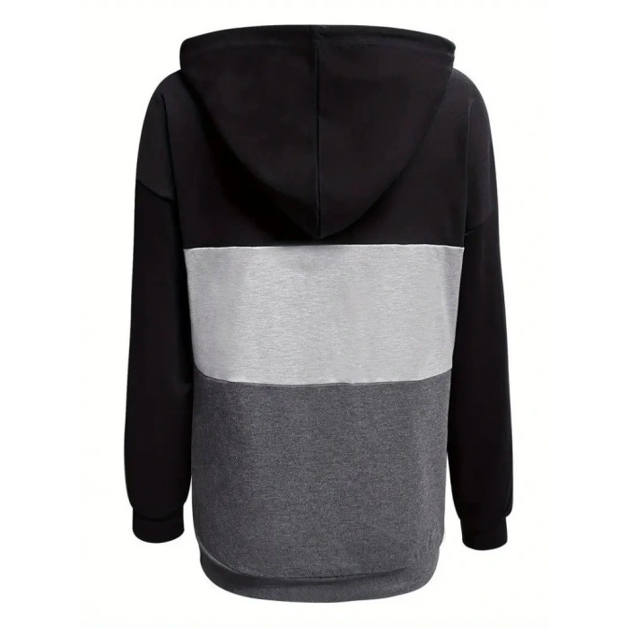 Kadın Uzun Kollu Kapşonlu çok Renkli Iki Iplik Bluz