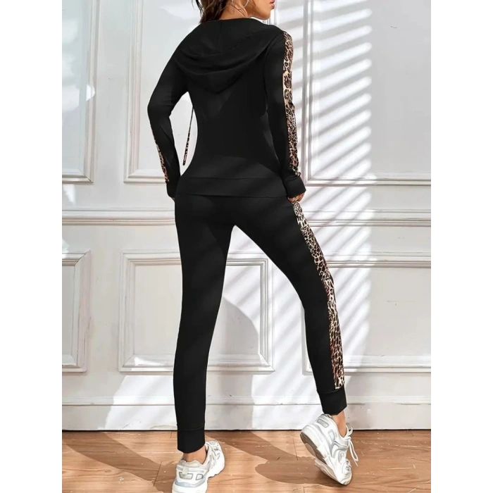 Kadın Uzun Kollu Kapşonlu Fermuarlı Bağcıklı Viskon Iki Iplik Bluz Ve Pantolon Tayt