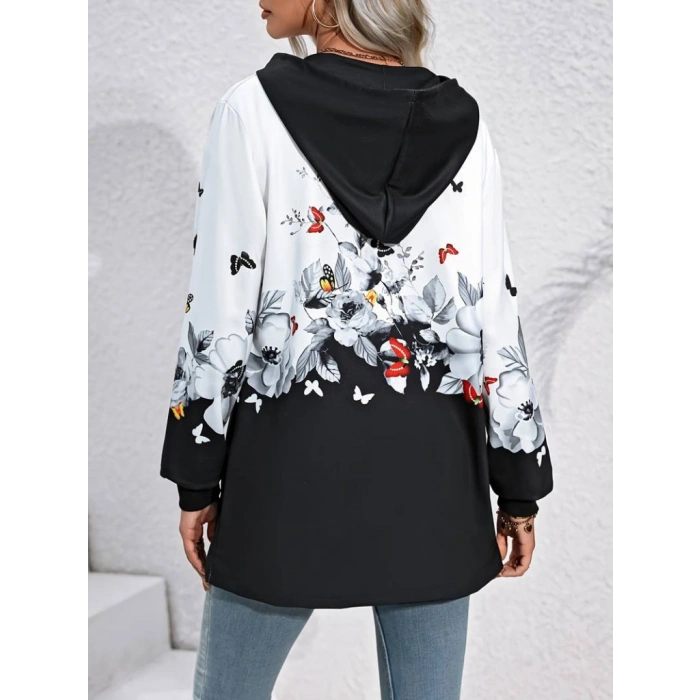 Kadın Uzun Kollu Kapşonlu Fermuarlı çiçekkelebek Desenli şardonlu Dalgıç Ceket