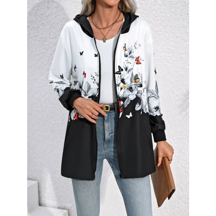 Kadın Uzun Kollu Kapşonlu Fermuarlı çiçekkelebek Desenli şardonlu Dalgıç Ceket