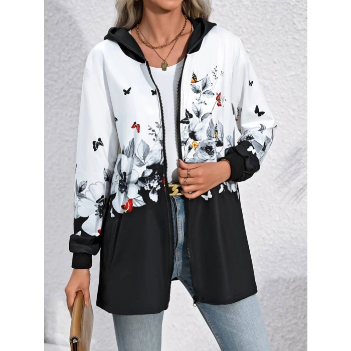 Kadın Uzun Kollu Kapşonlu Fermuarlı çiçekkelebek Desenli şardonlu Dalgıç Ceket