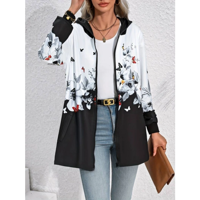Kadın Uzun Kollu Kapşonlu Fermuarlı çiçekkelebek Desenli şardonlu Dalgıç Ceket