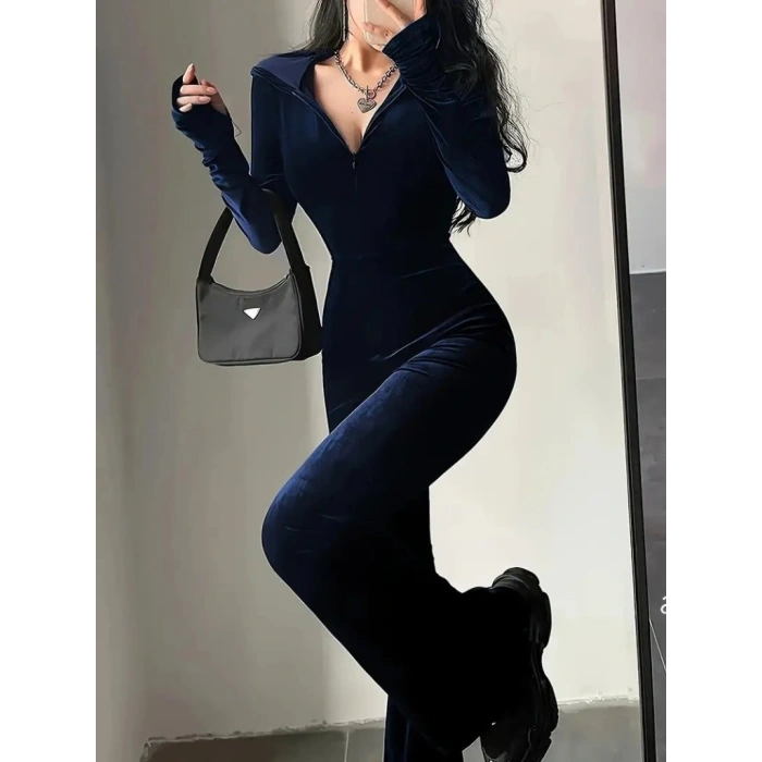 Kadın Uzun Kollu Kapşonlu Fermuarlı Kadife Tulum