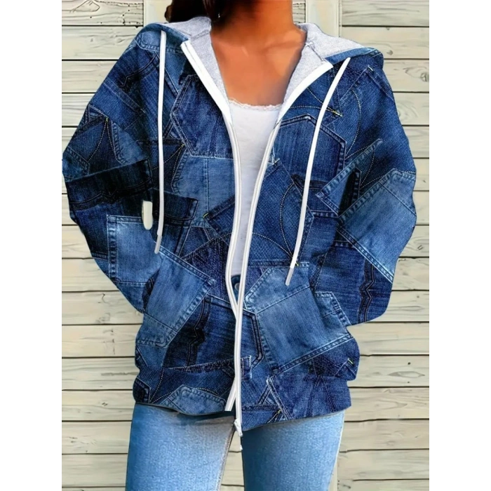 Kadın Uzun Kollu Kapşonlu Fermuarlı Kot Desenli Bağcıklı Modal Ceket