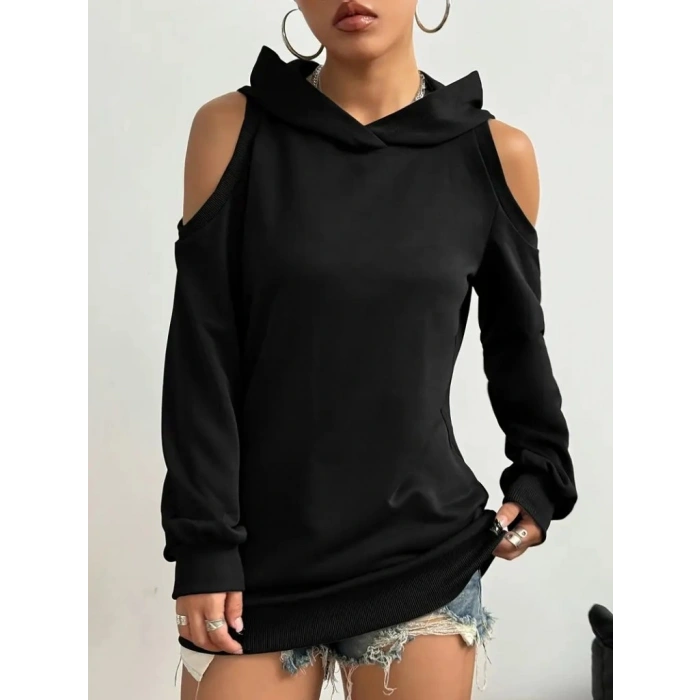 Kadın Uzun Kollu Kapşonlu Omuzlardan Açık Viskon Iki Iplik Bluz