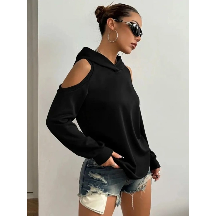Kadın Uzun Kollu Kapşonlu Omuzlardan Açık Viskon Iki Iplik Bluz