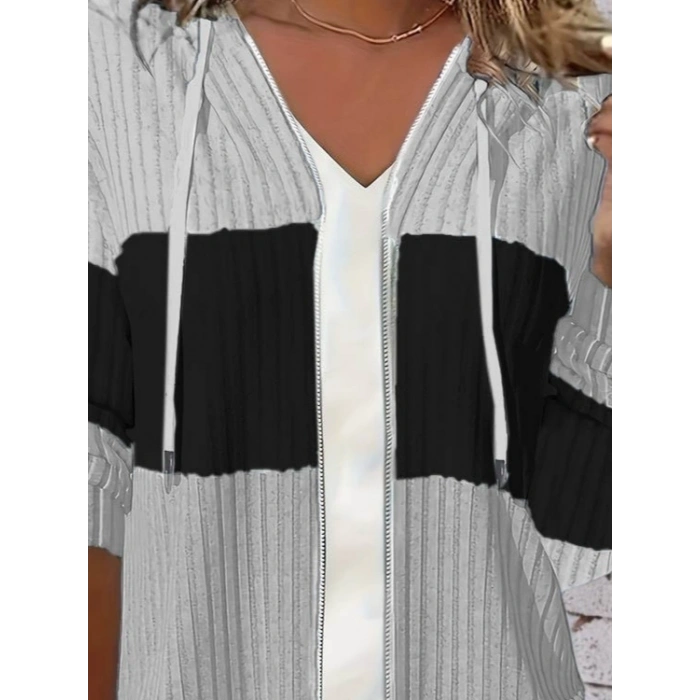 Kadın Uzun Kollu Kapşonlu önden Fermuarlı Blok Desenli şardonlu Kaşkorse Ceket