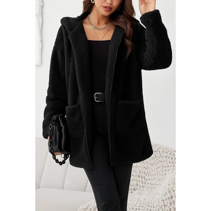 Kadın Uzun Kollu Kapşonlu önden Fermuarlı Cepli Welsoft Ceket