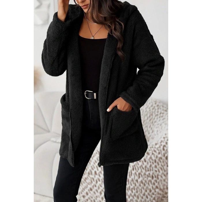 Kadın Uzun Kollu Kapşonlu önden Fermuarlı Cepli Welsoft Ceket