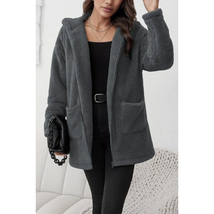 Kadın Uzun Kollu Kapşonlu önden Fermuarlı Cepli Welsoft Ceket