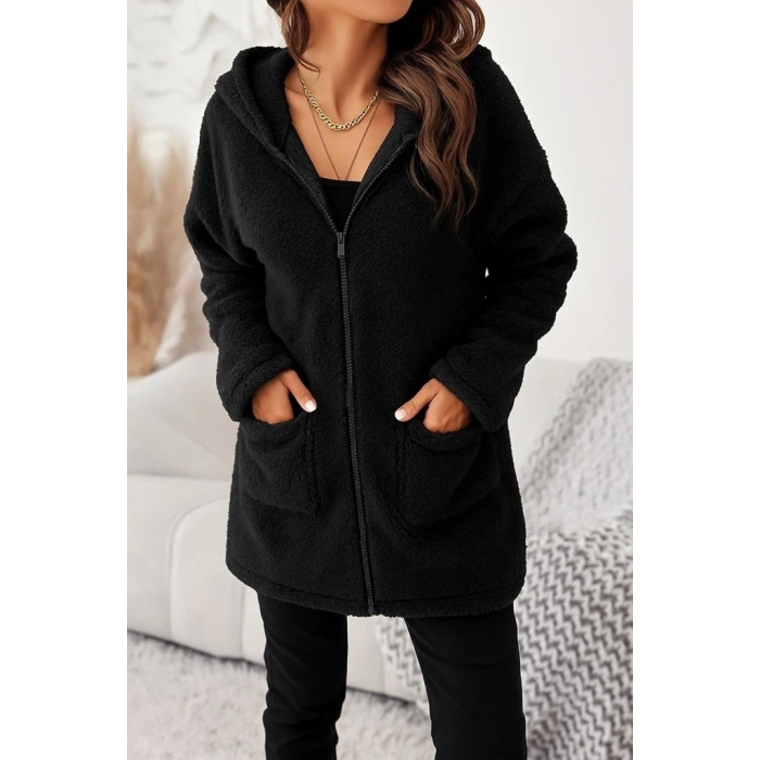 Kadın Uzun Kollu Kapşonlu önden Fermuarlı Cepli Welsoft Ceket