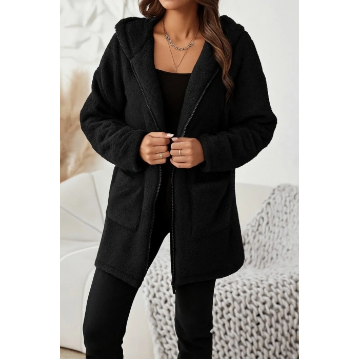 Kadın Uzun Kollu Kapşonlu önden Fermuarlı Cepli Welsoft Ceket