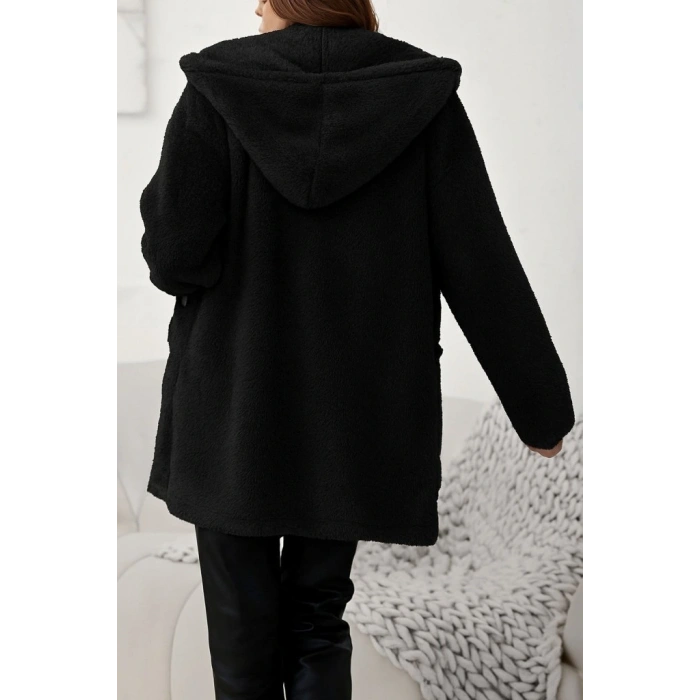 Kadın Uzun Kollu Kapşonlu önden Fermuarlı Cepli Welsoft Ceket