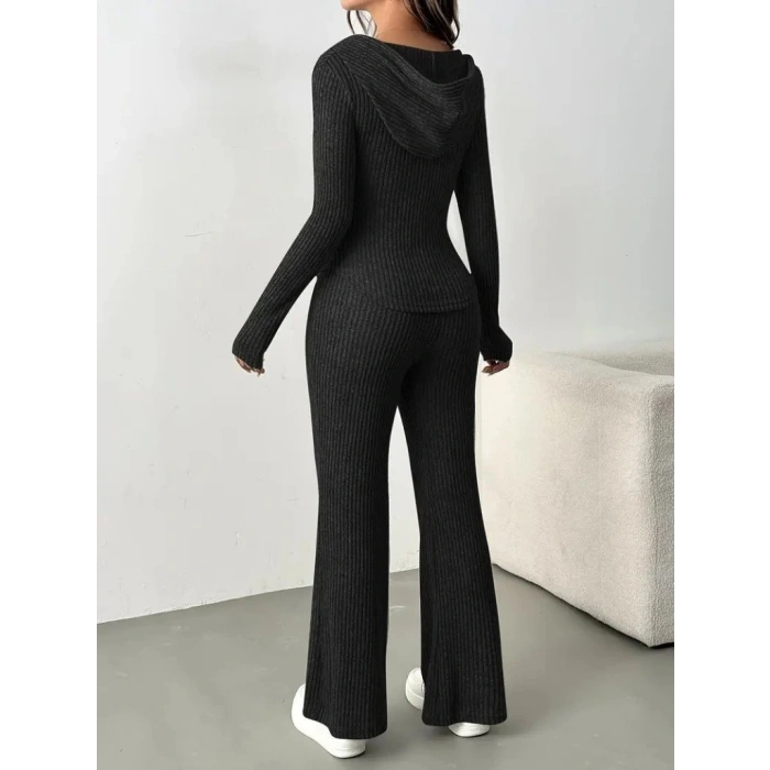 Kadın Uzun Kollu Kapşonlu önden Fermuarlı Kaşkorse Bluz Ve Pantolon Ikili Takım