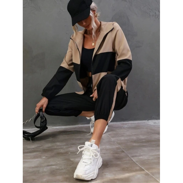 Kadın Uzun Kollu Kapşonlu önden Fermuarlı Viskon Iki Iplik Bluz Ve Pantolon Ikili Takım