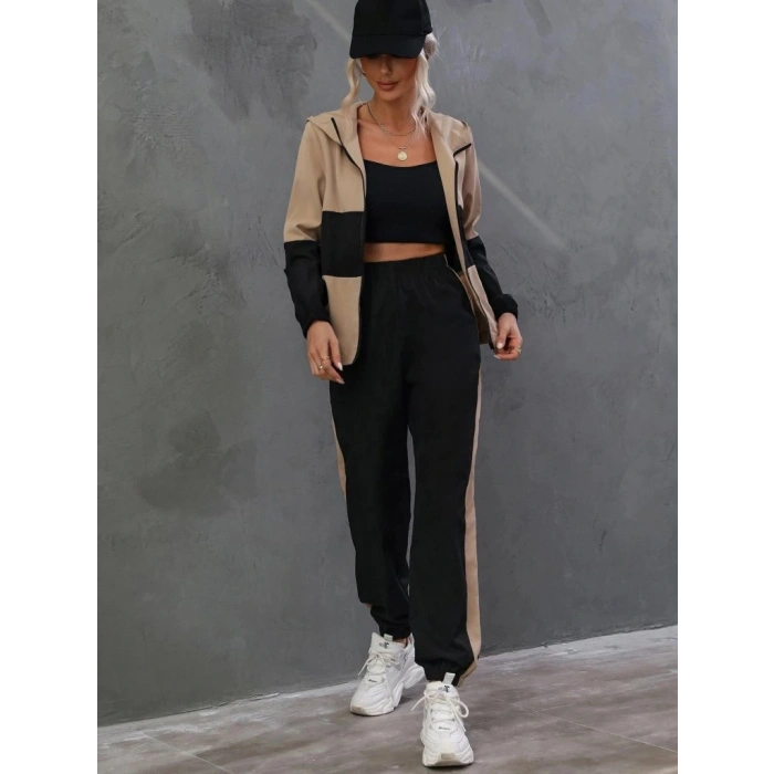 Kadın Uzun Kollu Kapşonlu önden Fermuarlı Viskon Iki Iplik Bluz Ve Pantolon Ikili Takım