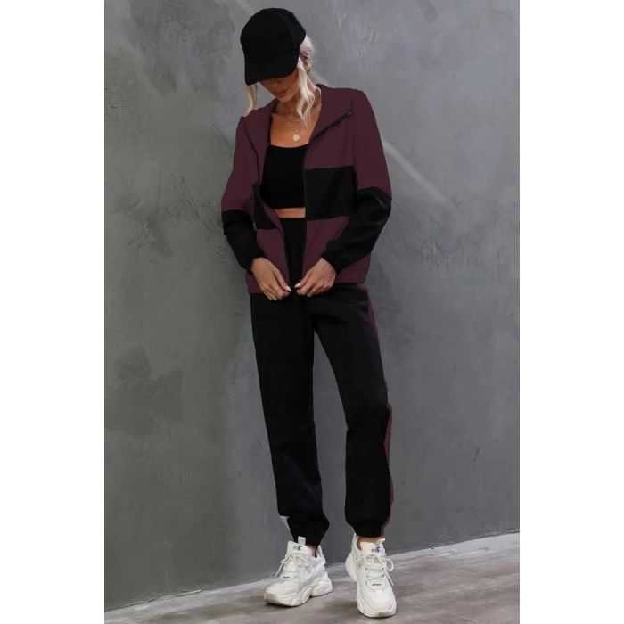 Kadın Uzun Kollu Kapşonlu önden Fermuarlı Viskon Iki Iplik Bluz Ve Pantolon Ikili Takım