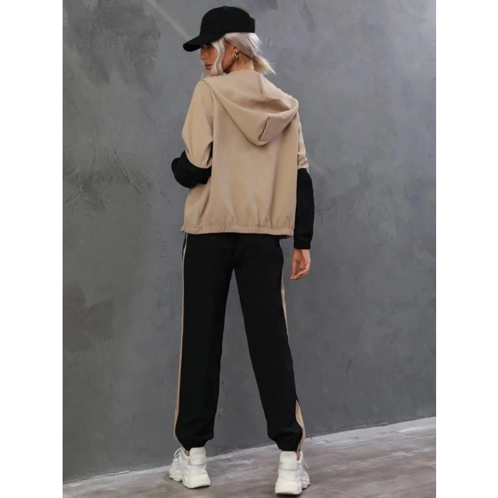 Kadın Uzun Kollu Kapşonlu önden Fermuarlı Viskon Iki Iplik Bluz Ve Pantolon Ikili Takım