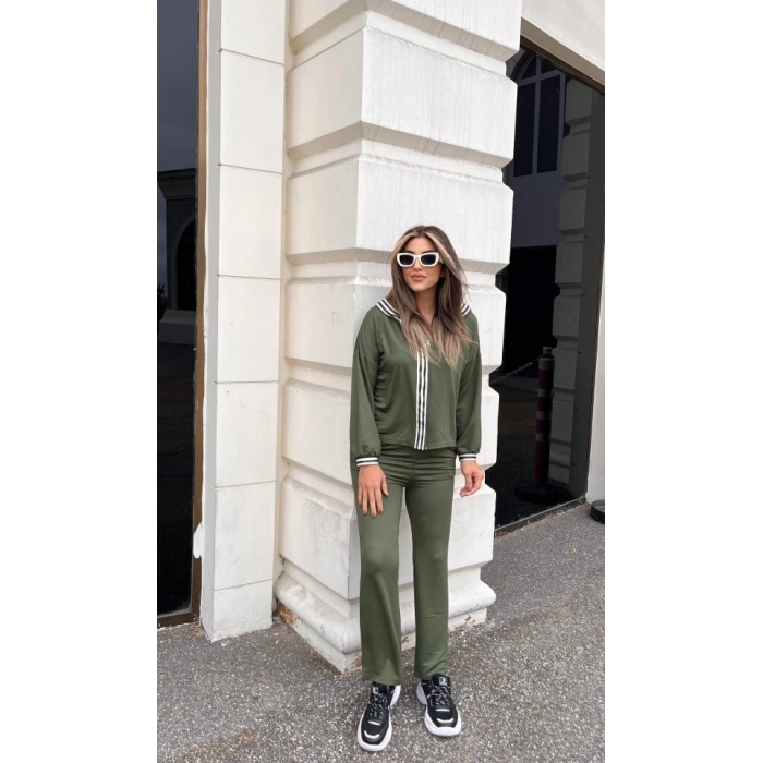 Kadın Uzun Kollu Kapşonlu önü Fermuarlı şerit Detay Viskon Iki Iplik Alt üst Ikili Takım