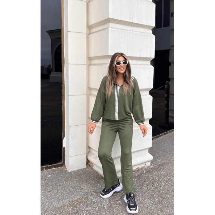 Kadın Uzun Kollu Kapşonlu önü Fermuarlı şerit Detay Viskon Iki Iplik Alt üst Ikili Takım