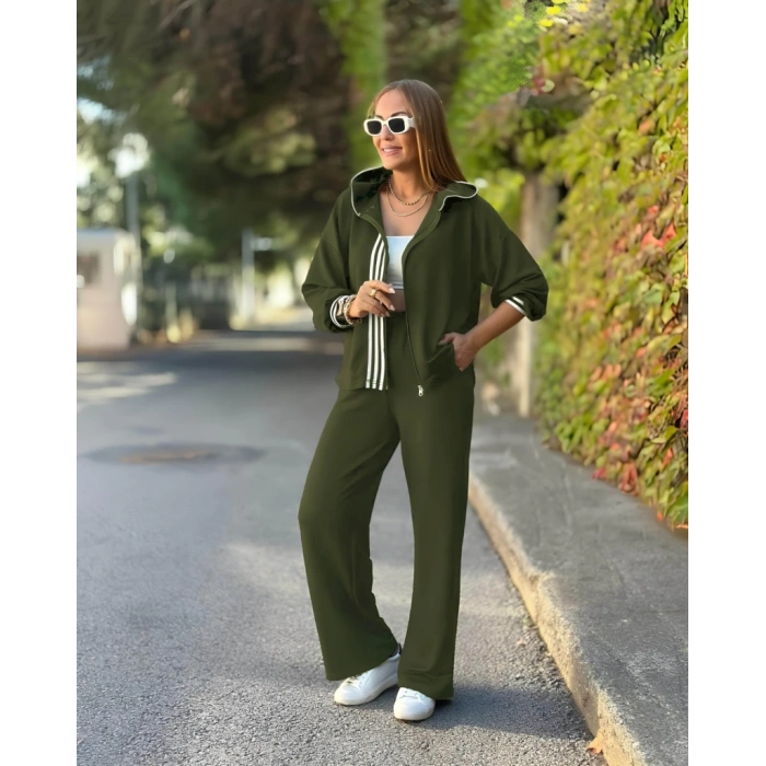 Kadın Uzun Kollu Kapşonlu Onu şerit Detaylı Fermuarlı Viskon Iki Iplik Bluz Ve Pantolon Ikili Takım