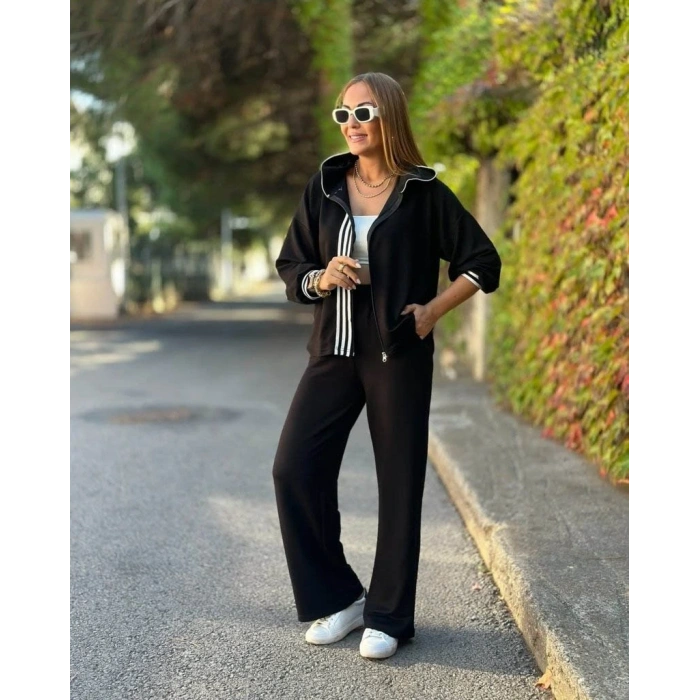 Kadın Uzun Kollu Kapşonlu Onu şerit Detaylı Fermuarlı Viskon Iki Iplik Bluz Ve Pantolon Ikili Takım