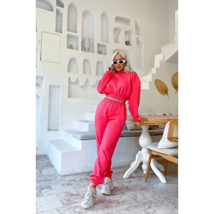 Kadın Uzun Kollu Kapüşonlu Beli Lastik Detay weat Ve Yüksek Bel Bileği Lastikli Pantolon üç üplik Kumaş Ikili Takım