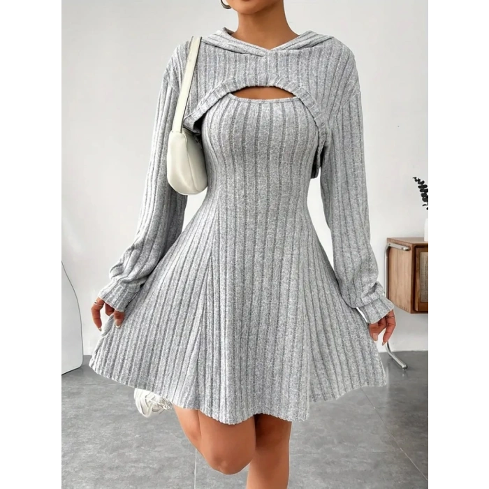 Kadın Uzun Kollu Kapüşonlu Ceket üst Ve Askısız Kare Yaka A Kesim şardonlu Kaşkorse Elbise