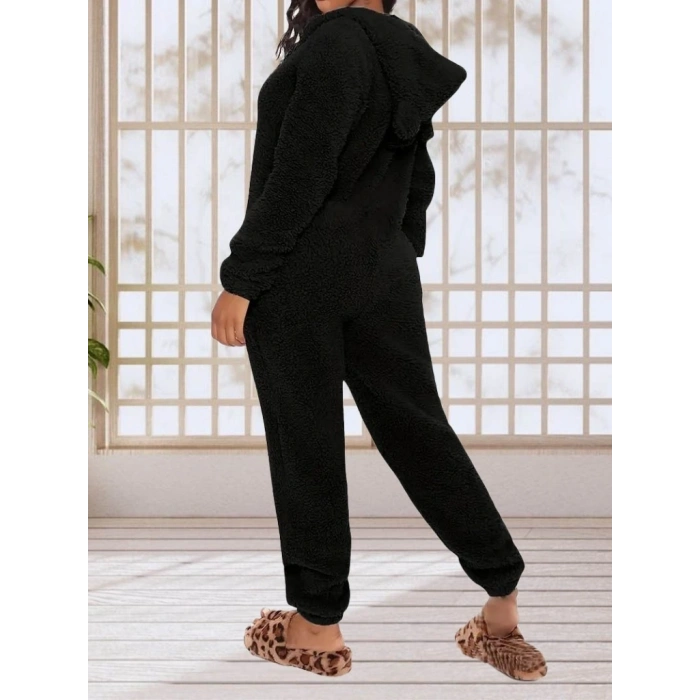 Kadın Uzun Kollu Kapüşonlu Tavşan Kulak Detaylı Peluş Tulum