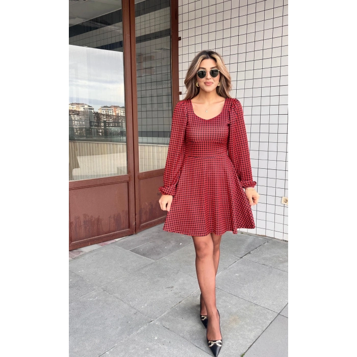 Kadın Uzun Kollu Kare Kalp Yakalı Mini Modal Elbise