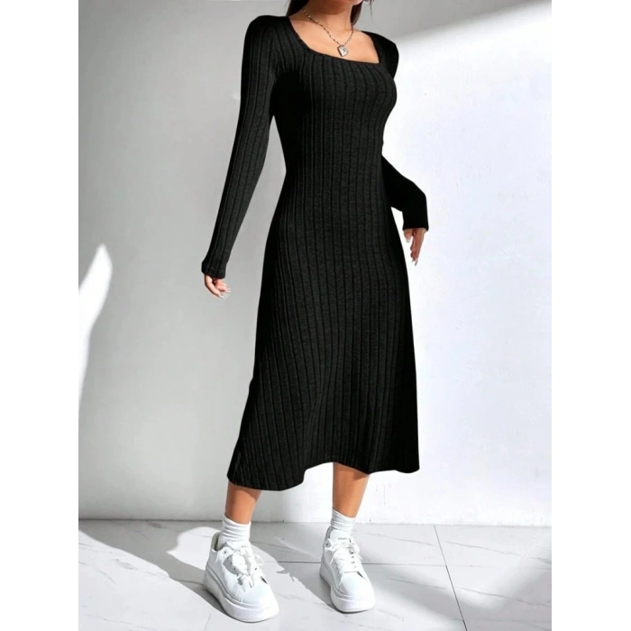 Kadın Uzun Kollu Kare Yaka Midi Kaşkorse Elbise