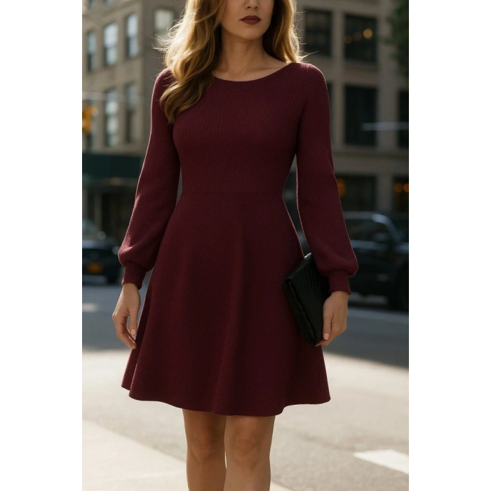 Kadın Uzun Kollu Kayık Yaka Kısa Triko Elbise