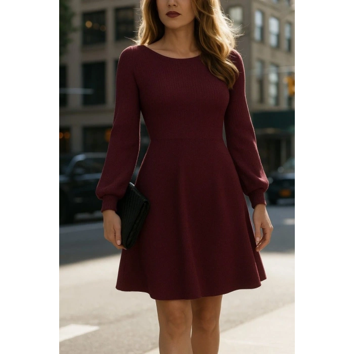 Kadın Uzun Kollu Kayık Yaka Kısa Triko Elbise