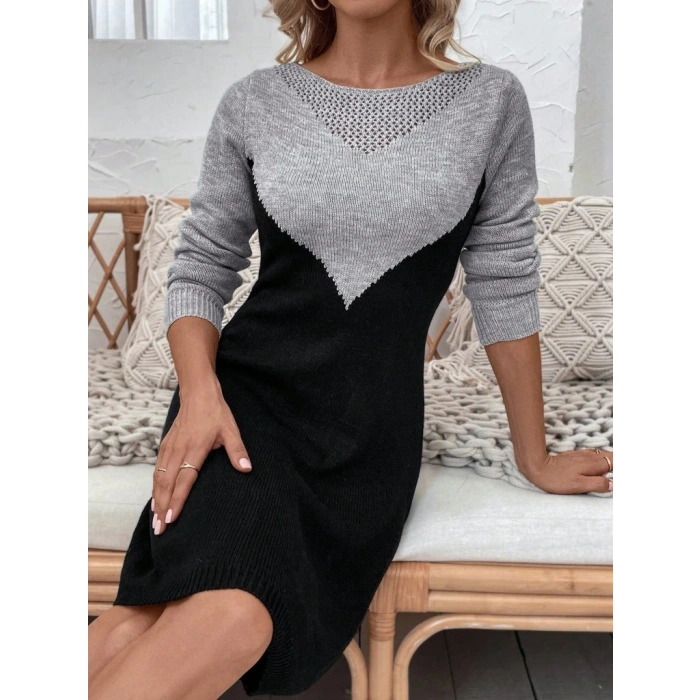 Kadın Uzun Kollu Kayık Yakalı çift Renk Mini Triko Elbise