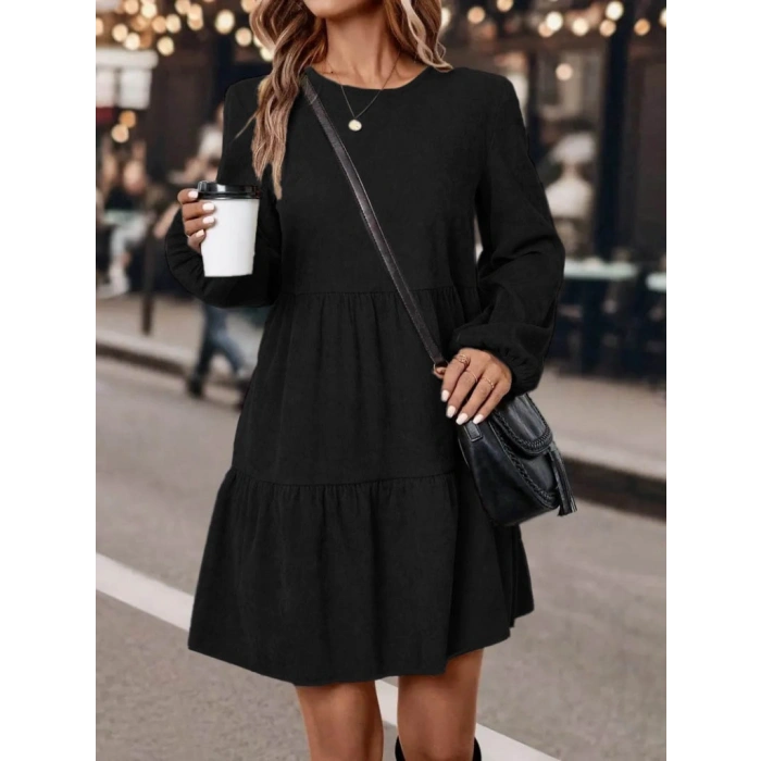 Kadın Uzun Kollu Kol Ucu Lastikli Süet Mini Boy Elbise