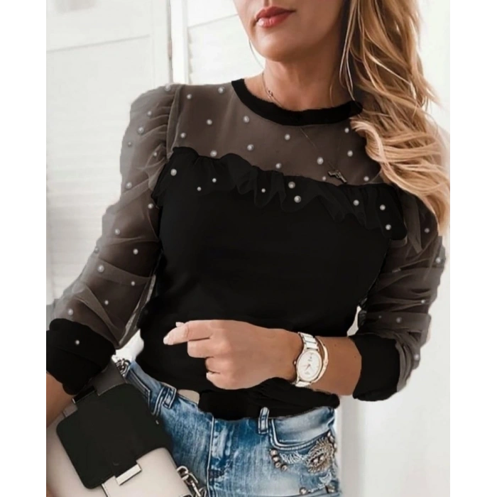 Kadın Uzun Kollu Kol Ve Yaka Tül Ve Inci Detay Viskon Bluz