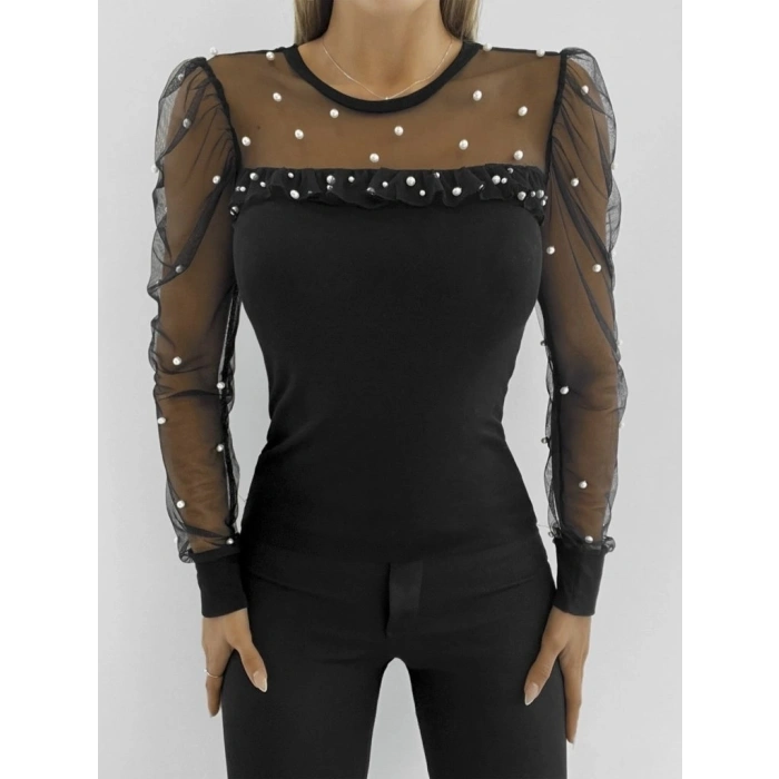 Kadın Uzun Kollu Kol Ve Yaka Tül Ve Inci Detay Viskon Bluz