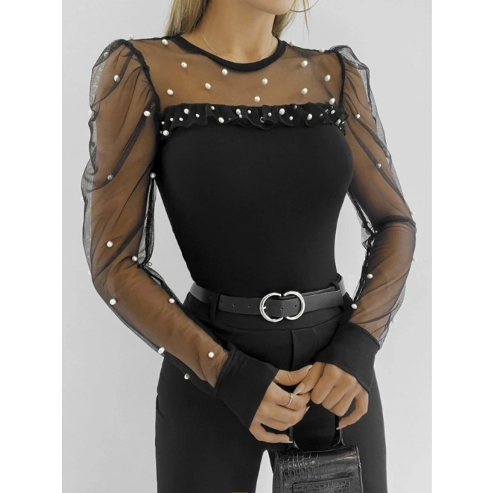 Kadın Uzun Kollu Kol Ve Yaka Tül Ve Inci Detay Viskon Bluz