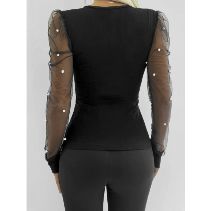 Kadın Uzun Kollu Kol Ve Yaka Tül Ve Inci Detay Viskon Bluz