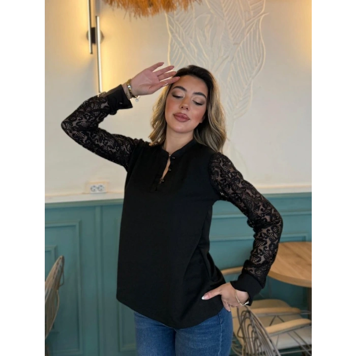 Kadın Uzun Kollu Kolları Dantelli Hakim Yaka Krep Bluz