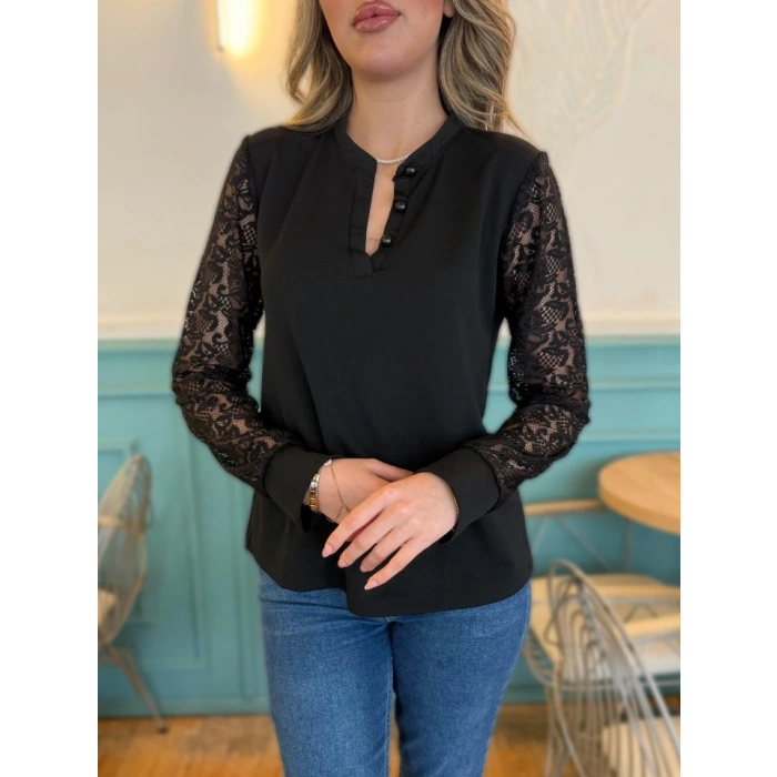 Kadın Uzun Kollu Kolları Dantelli Hakim Yaka Krep Bluz