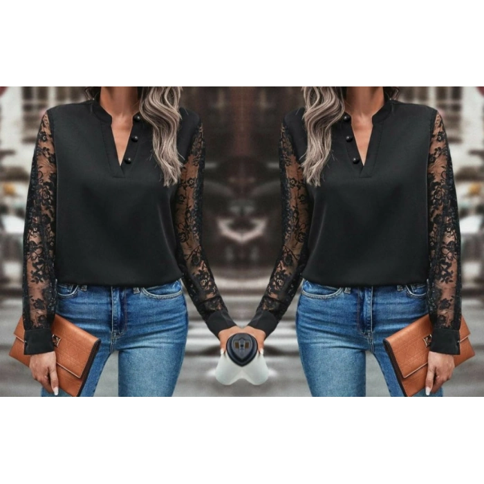 Kadın Uzun Kollu Kolları Dantelli Hakim Yaka Krep Bluz