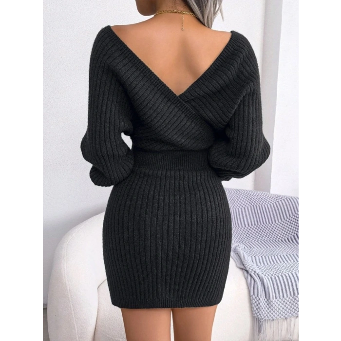 Kadın Uzun Kollu Kruvaze Geniş Yakalı Mini Triko Elbise