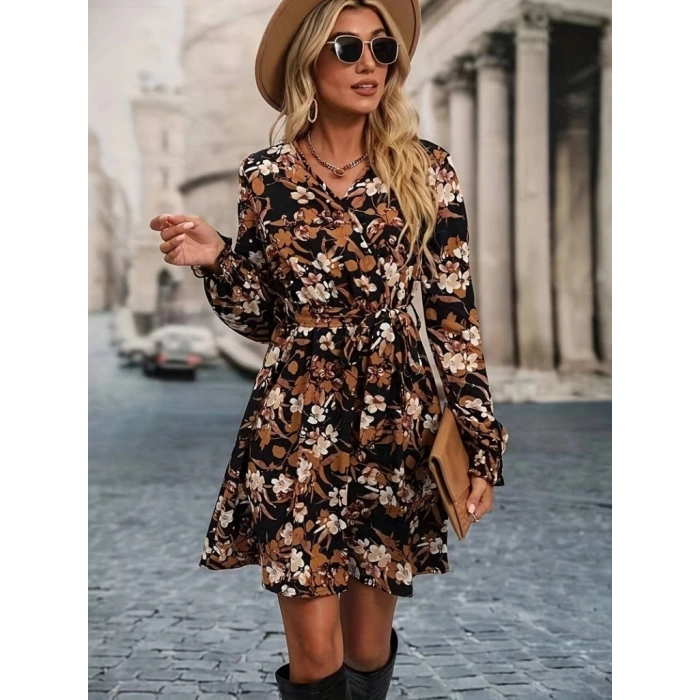 Kadın Uzun Kollu Kruvaze Yaka çiçek Desenli Dalgıç Elbise