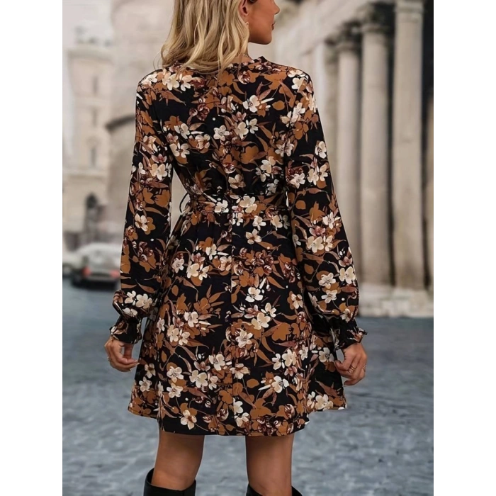 Kadın Uzun Kollu Kruvaze Yaka çiçek Desenli Dalgıç Elbise