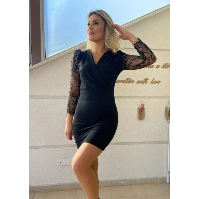 Kadın Uzun Kollu Kruvaze Yaka Kollar Tül Detay Krep Mini Boy Elbise